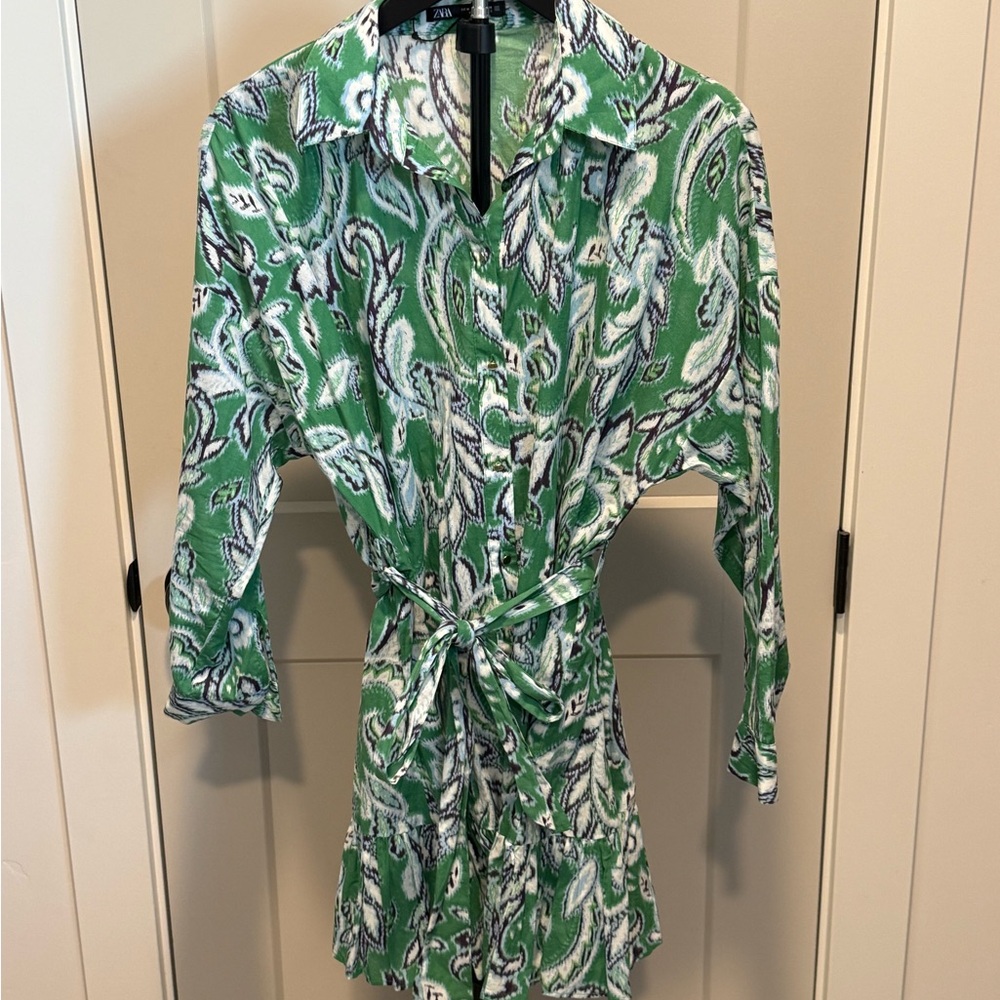 Zara Leafy Green and White Mini Dress